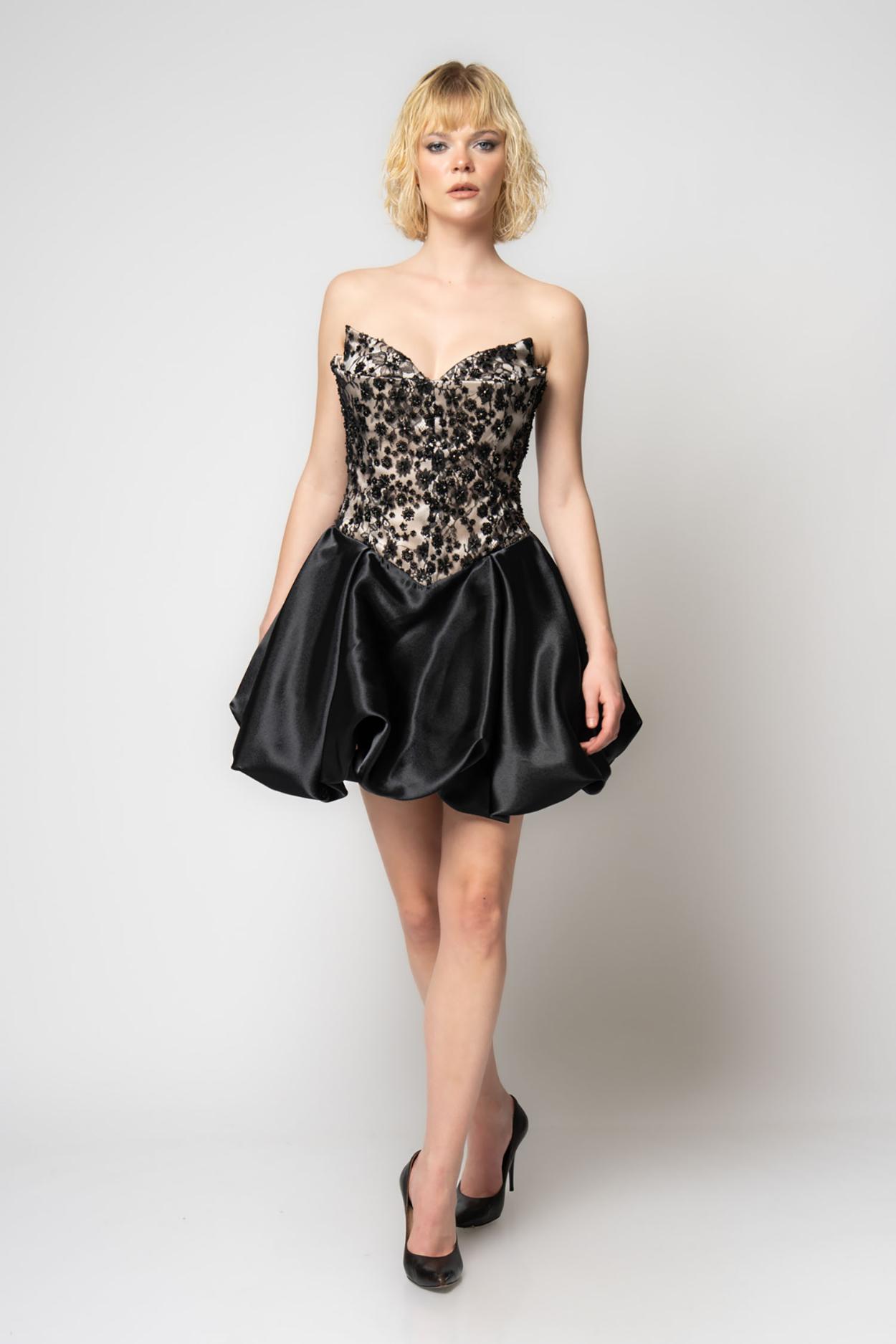 Renkin Strapless Lace Embroidered Corset Form Balloon Mini Evening Dress