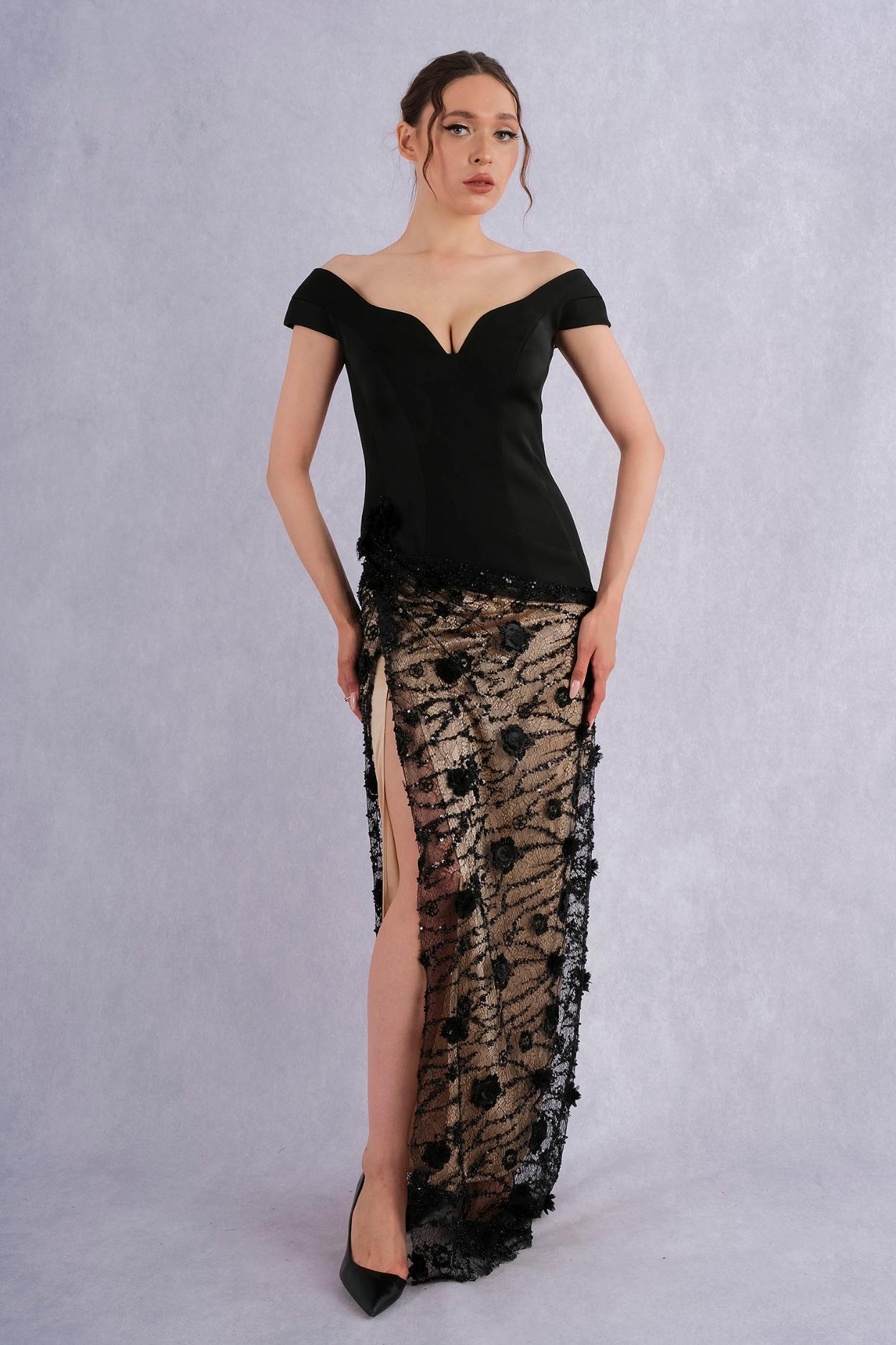 Rengin Off Shoulder Lace Embroidered Floral Applique High Slit Evening Gown