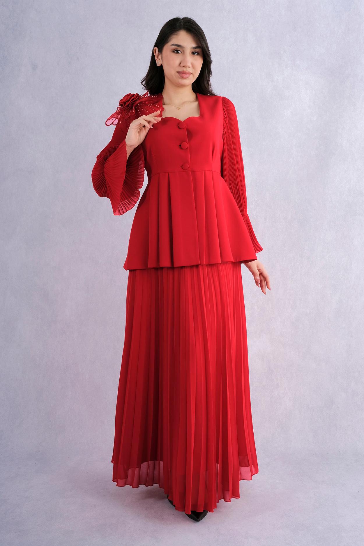 Qne Tu Pleat Detailed Floral Appliqued Long Evening Dress Set