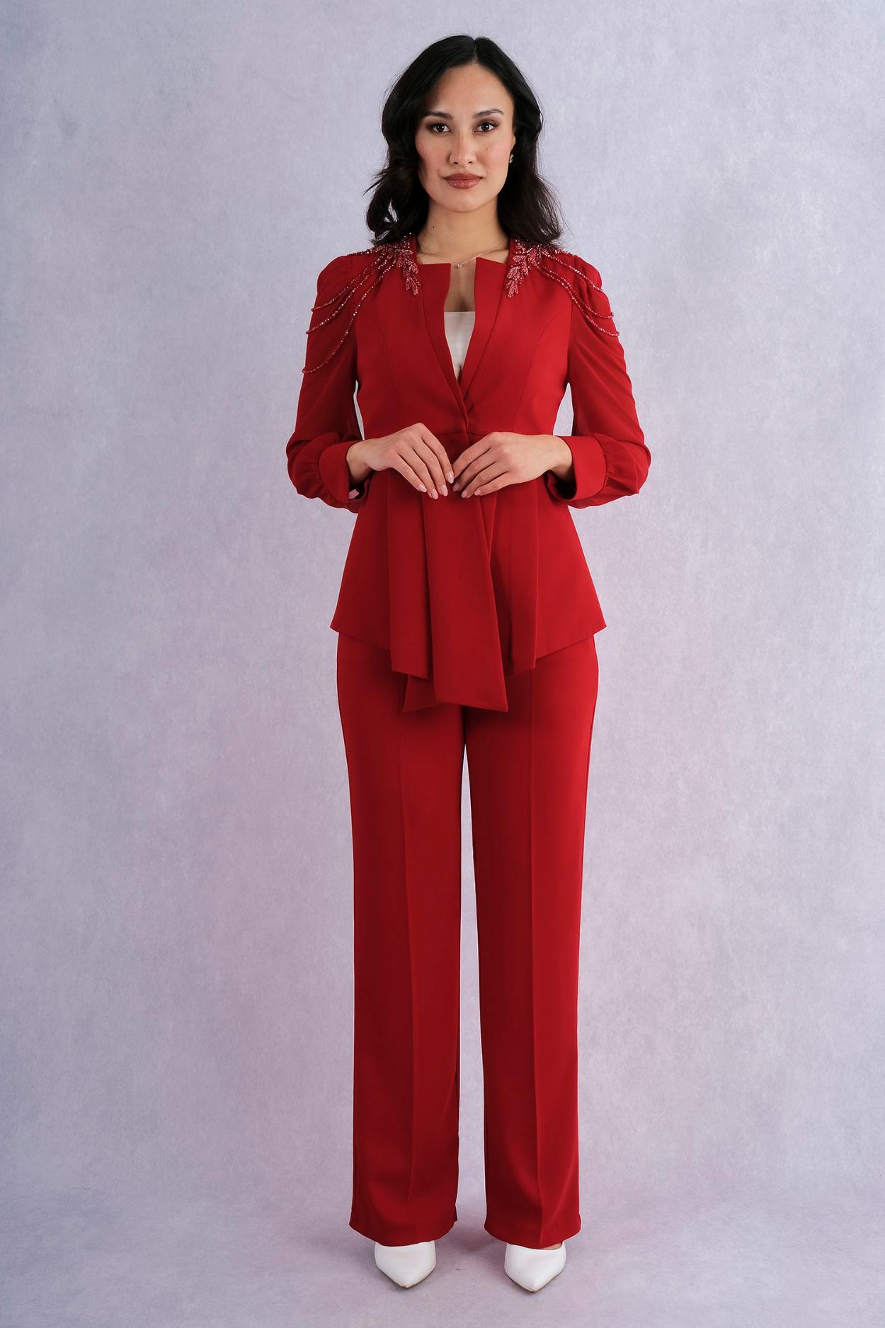 Qne Tu Stone Embroidered Chiffon Sleeve Jacket Trousers Evening Dress Set