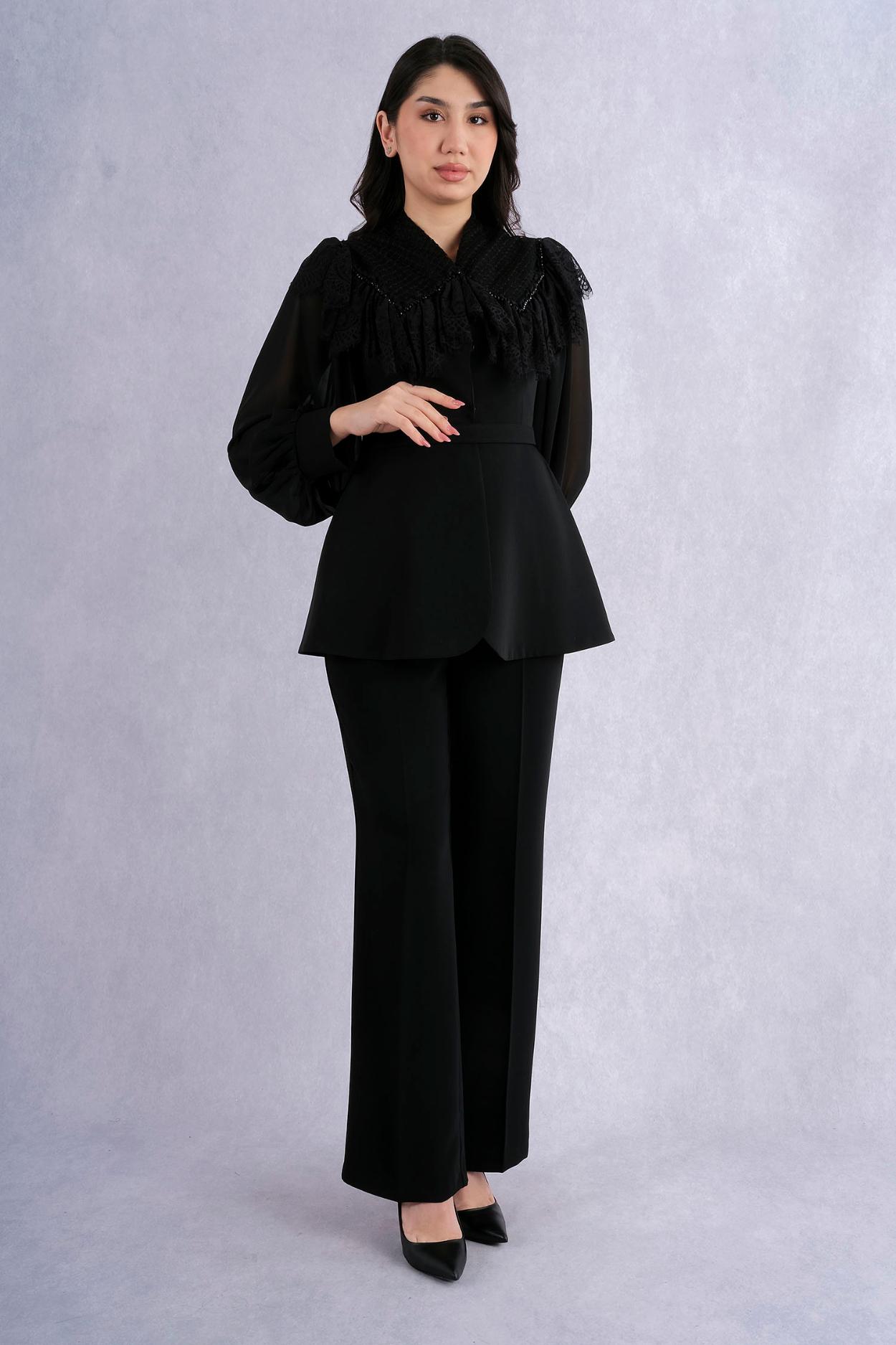 Qne Tu Lace Detailed Chiffon Sleeves Belted Jacket Trousers Set