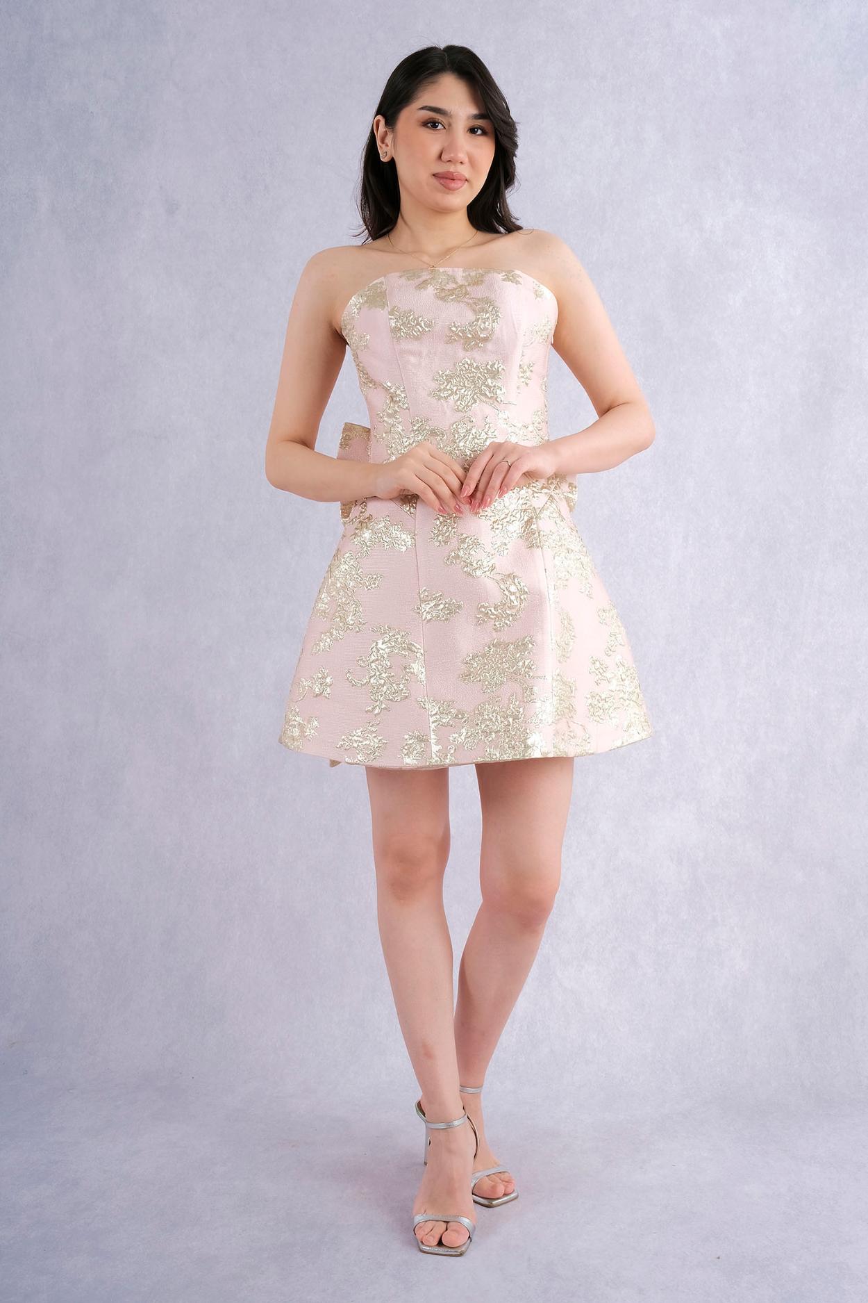 Shewom Strapless Jacquard Fabric Bow Detailed Mini Evening Dress