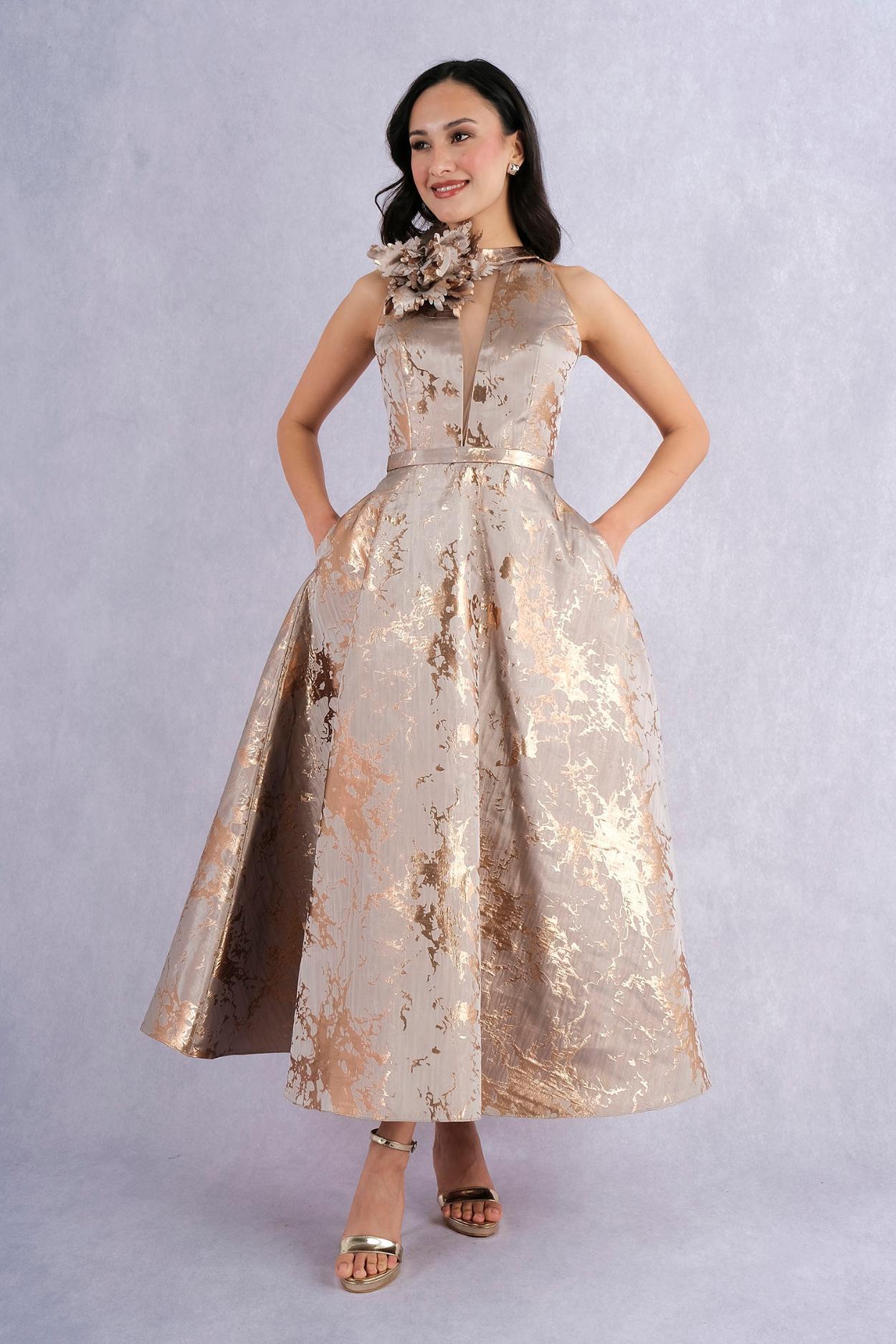 Shewom Jacquard Fabric Floral Appliqued Midi Evening Dress