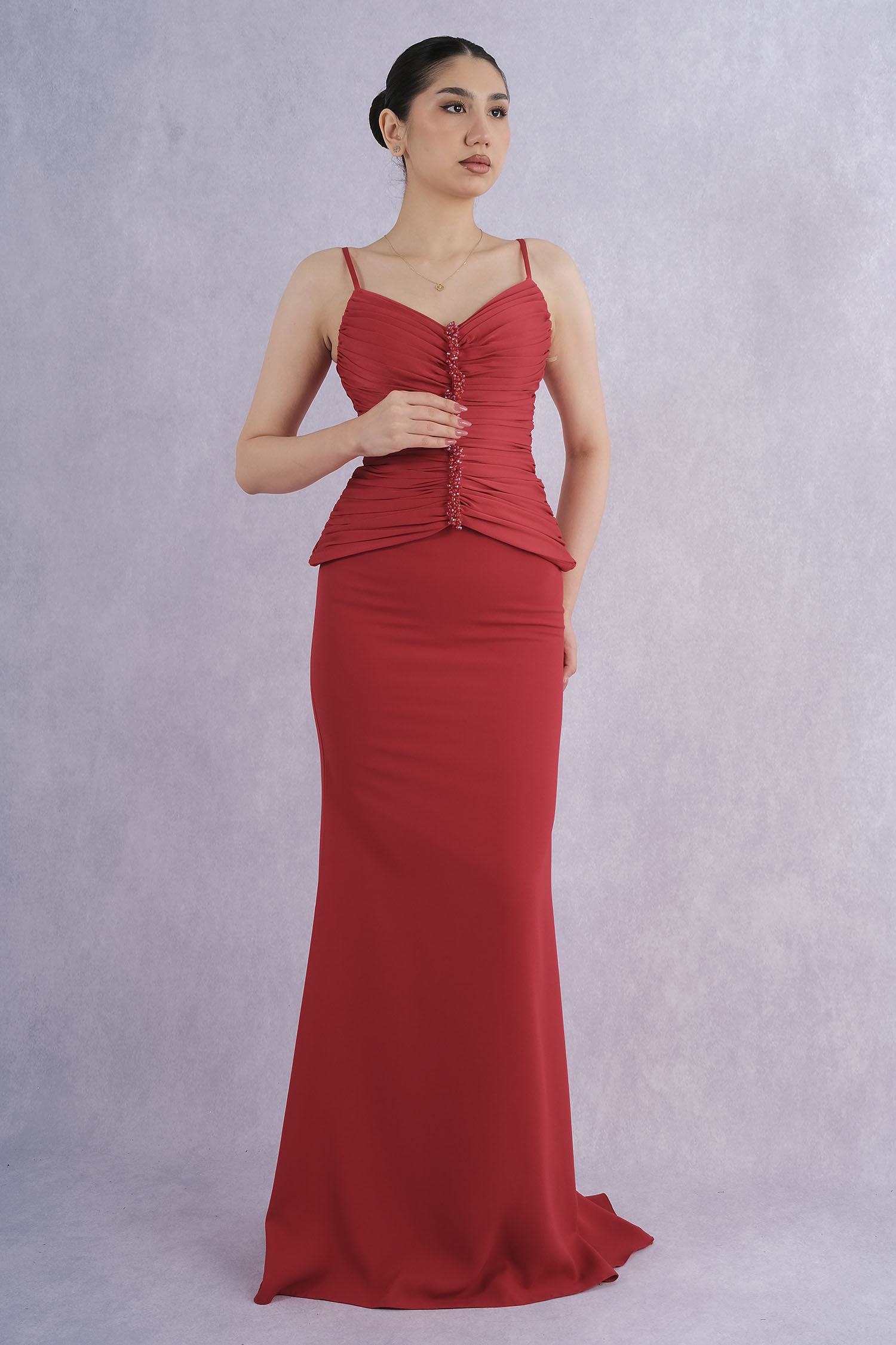 Hot Contact Strap Stone Embroidered Draped Long Evening Dress