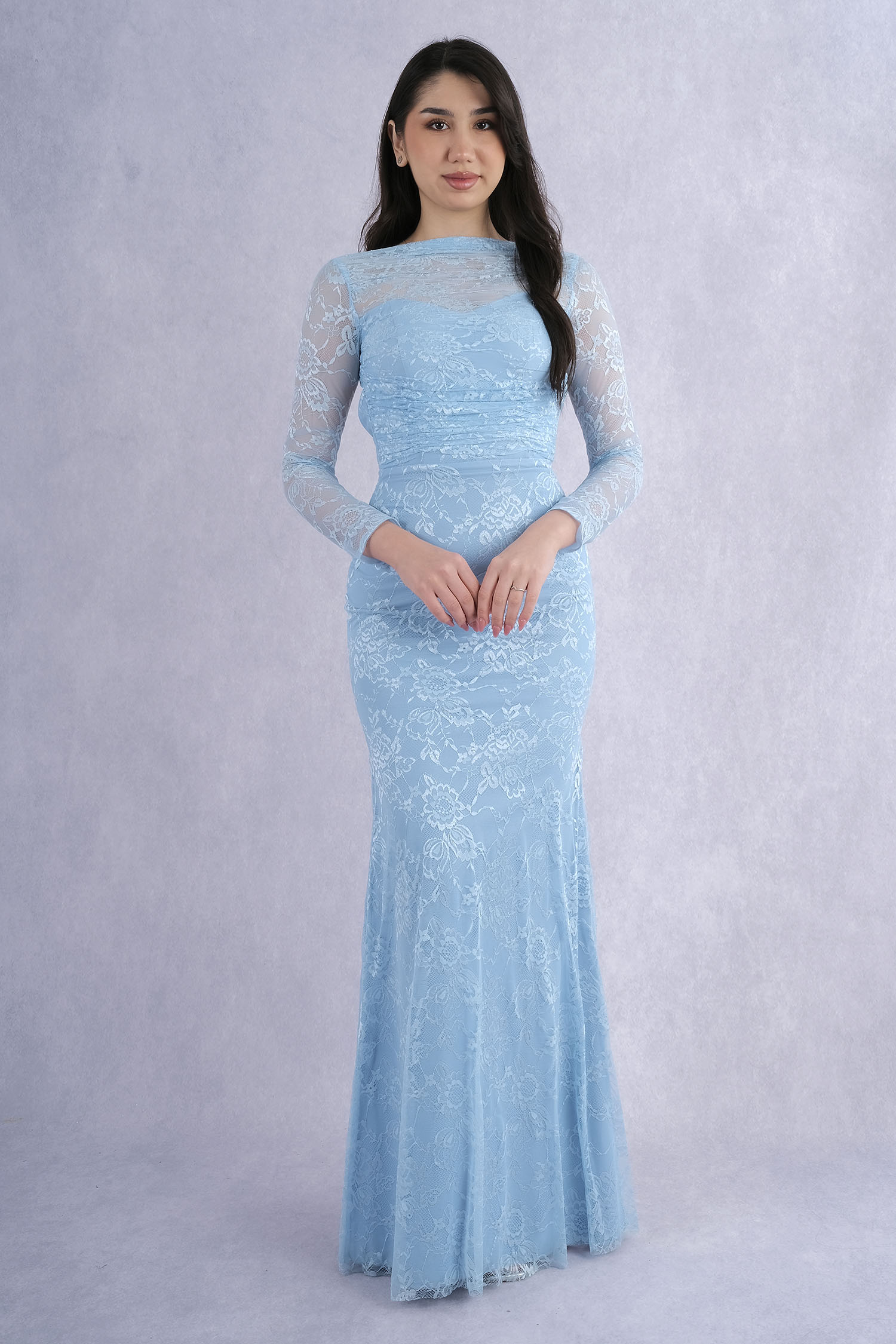 Hot Contact Long Sleeve Transparent Lace Detailed Fish Form Long Evening Dress