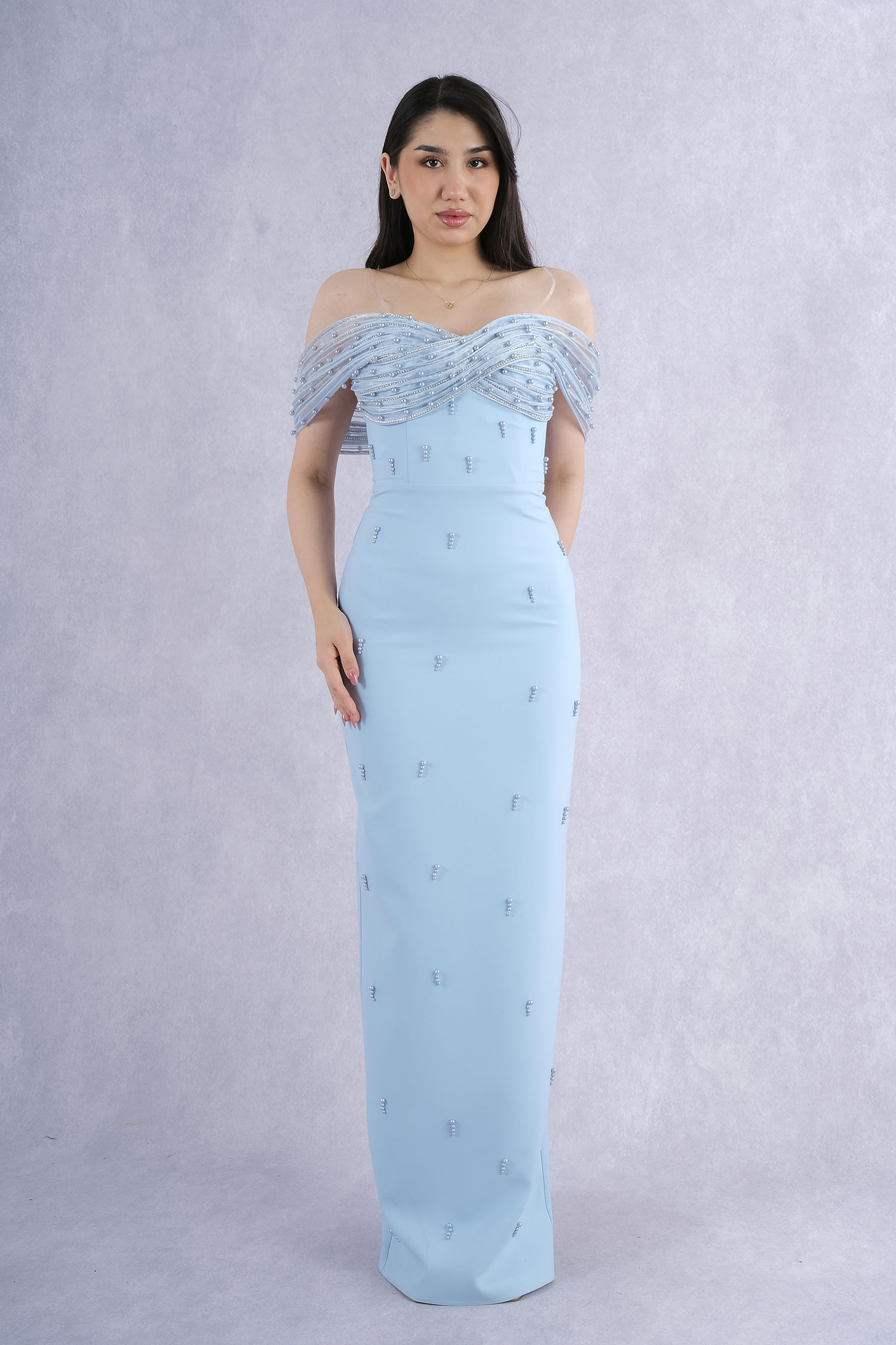 Hot Contact Madonna Neckline Pearl Embroidered Long Evening Dress