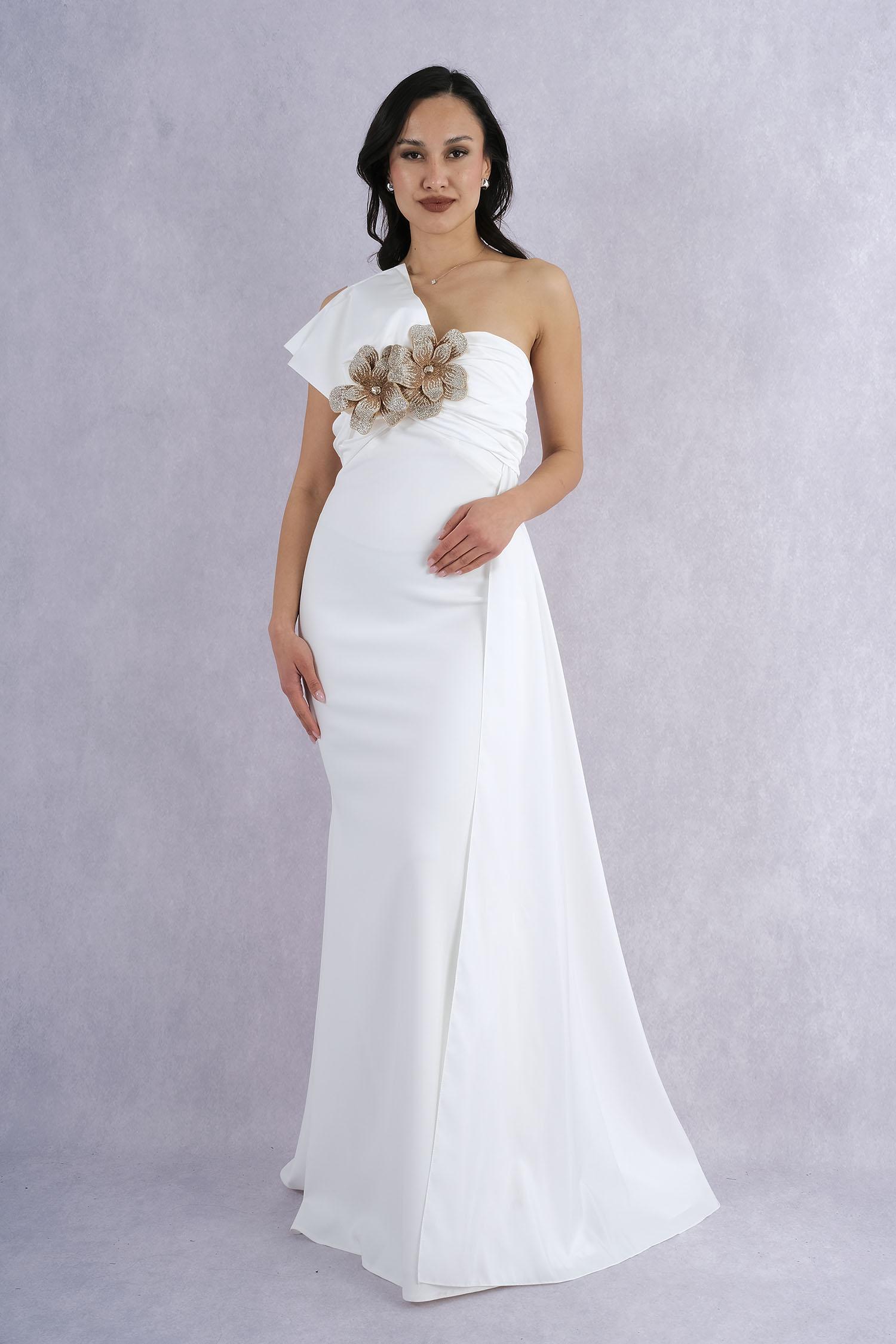 Renkin One Shoulder Floral Appliqued Long Evening Dress