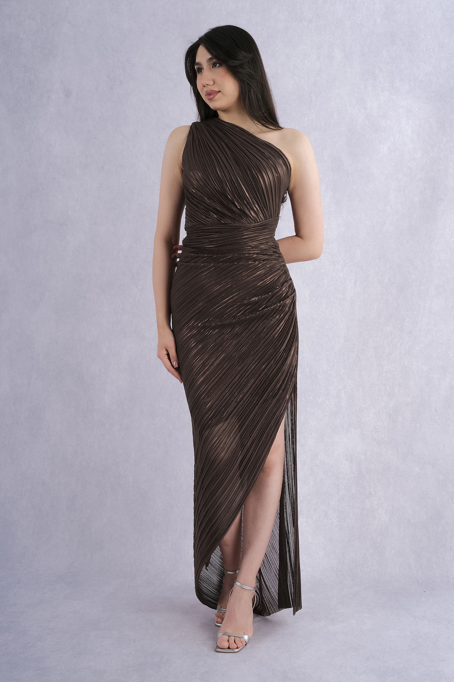 Rengin One Shoulder Pleated Draped Slit Long Evening Dress