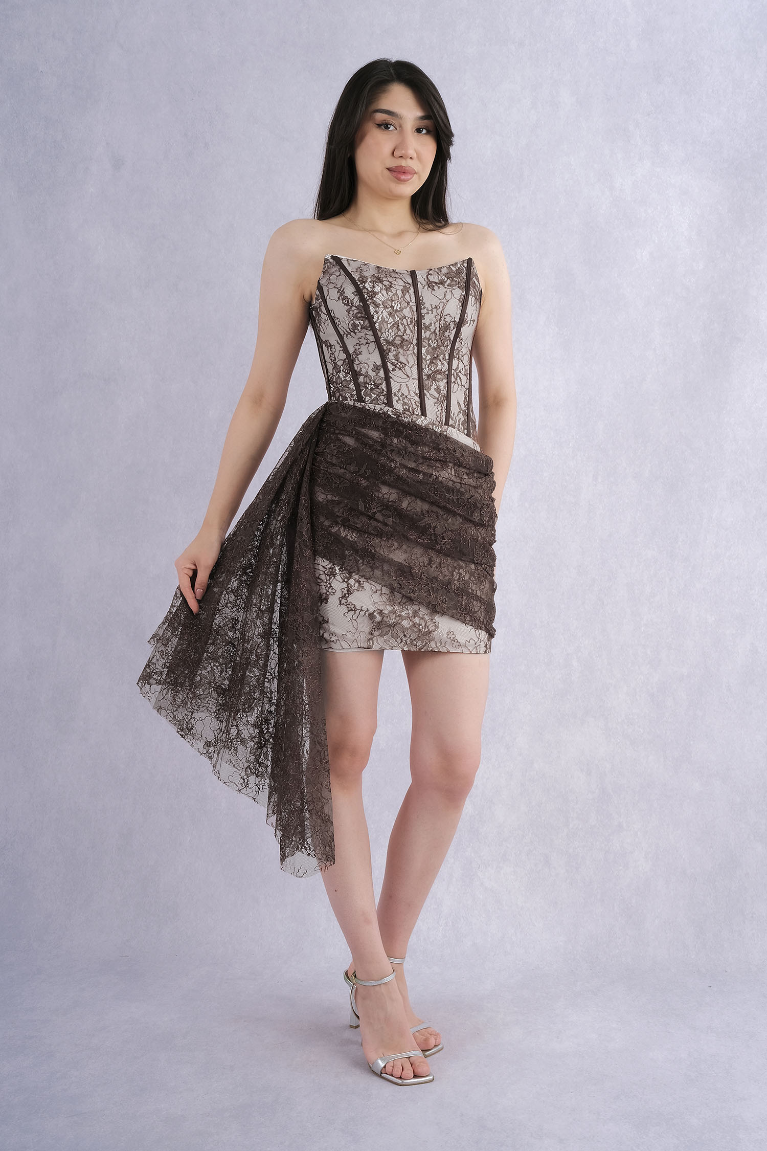 Rengin Strapless Lace Corset Draped Tulle Detailed Mini Evening Dress
