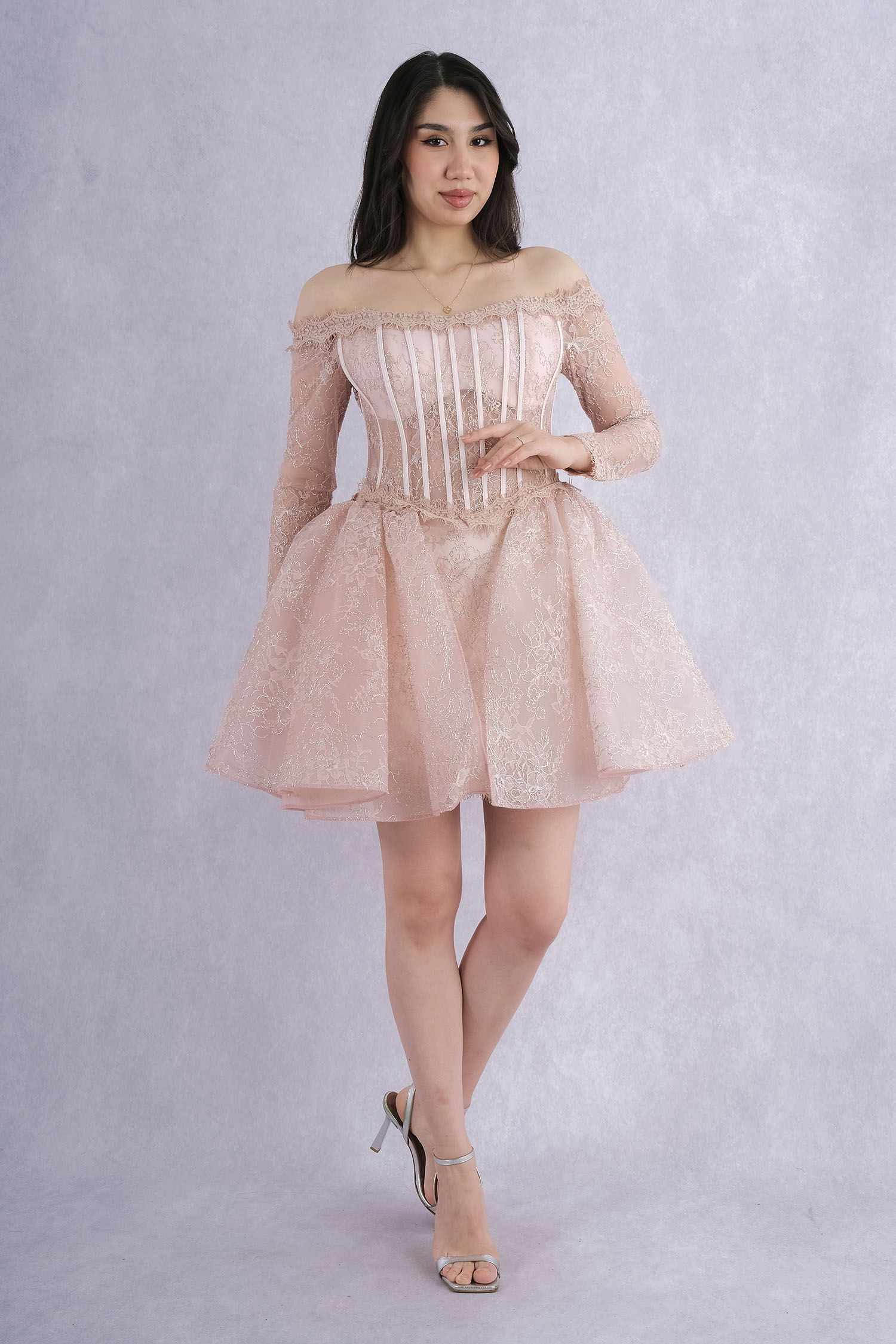 Renkin Transparent Lace Sleeves Bodice Detailed Mini Dress
