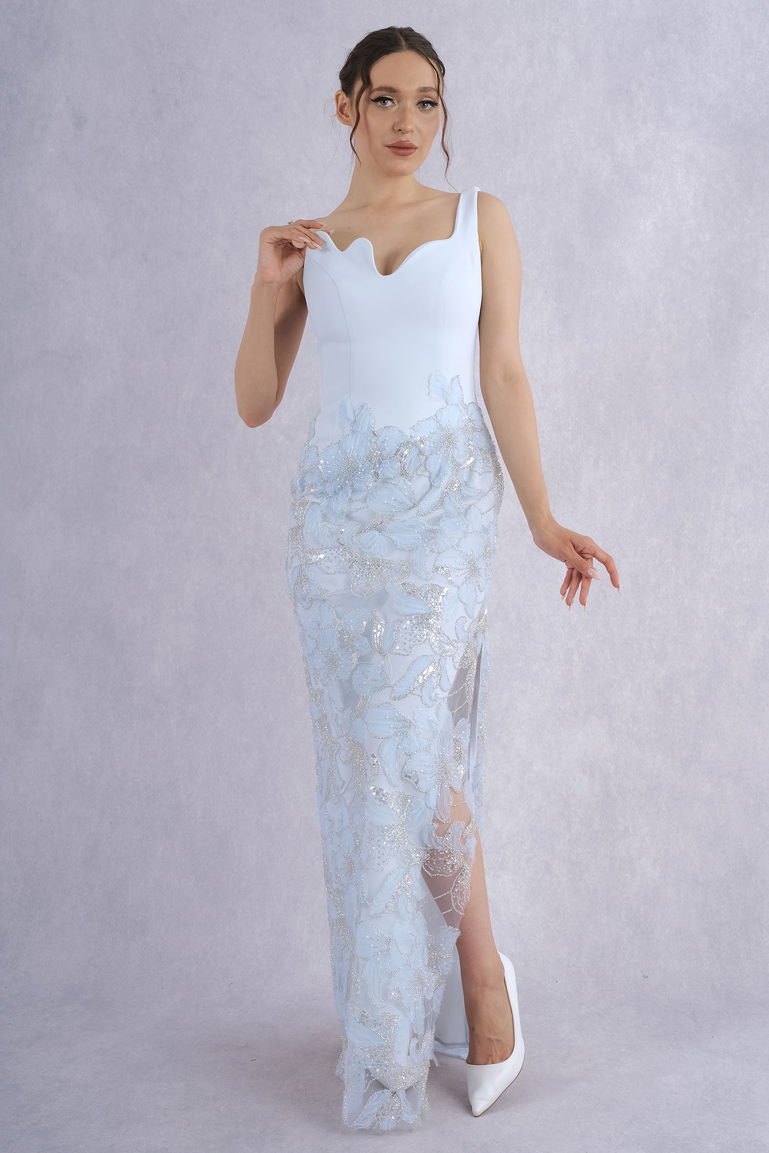 Rengin One Shoulder Floral Embroidered Beaded Mermaid Evening Gown