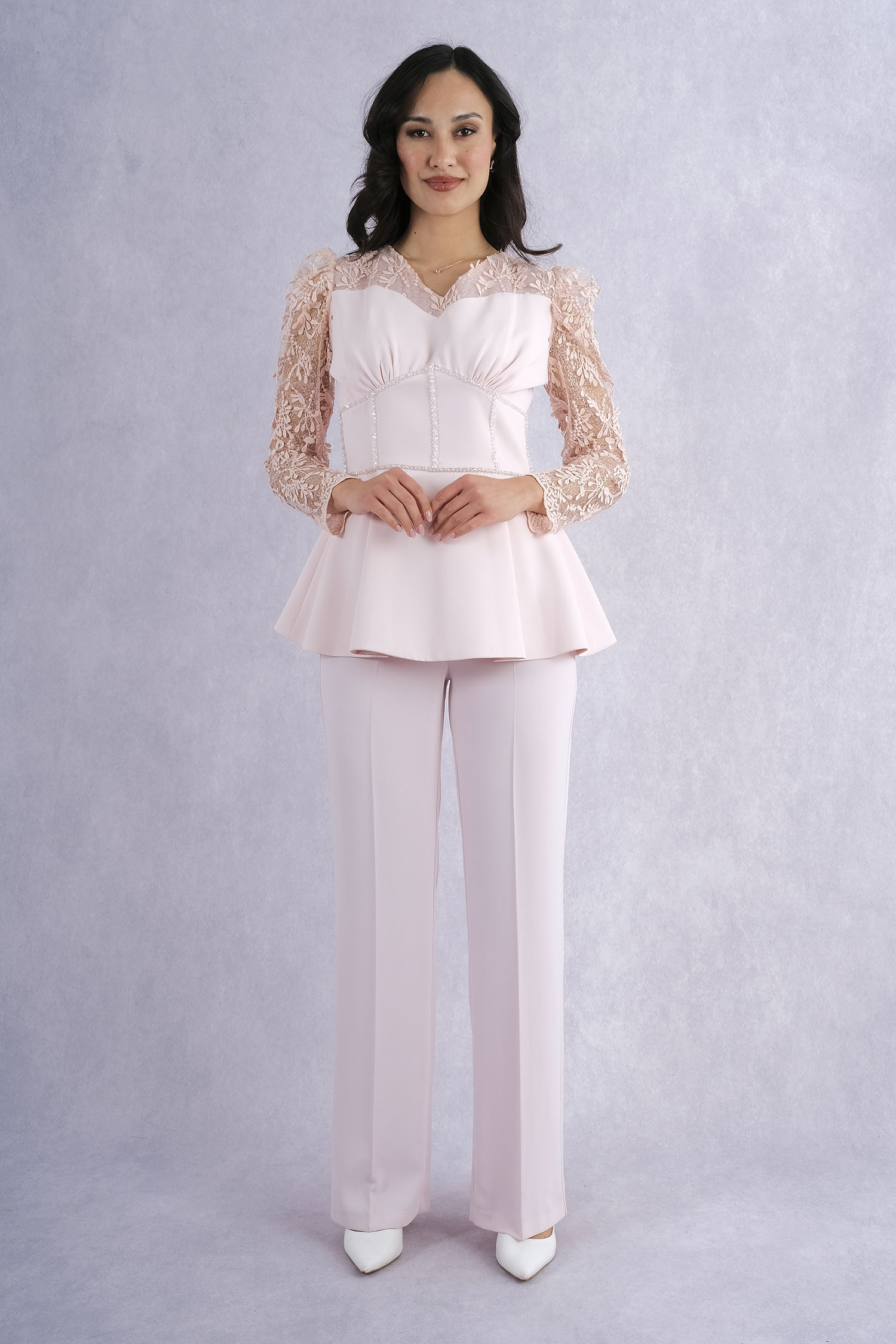 Qne Tu Lace Sleeve Detailed Peplum Cut Trousers Evening Dress Set