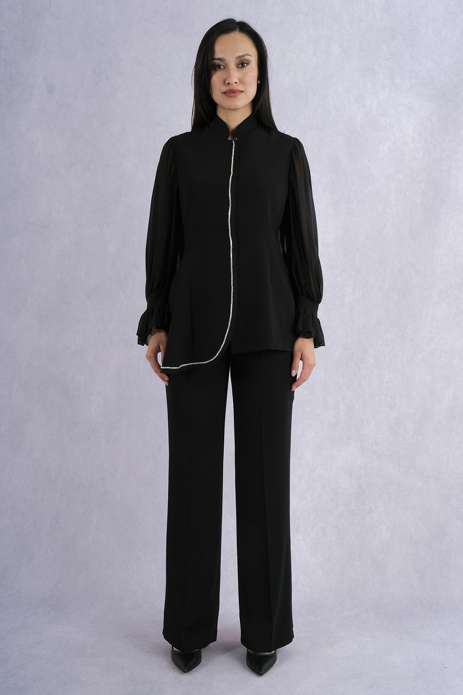 Qne Tu Stone Stripe Detailed Chiffon Sleeve Jacket Trousers Evening Dress Suit
