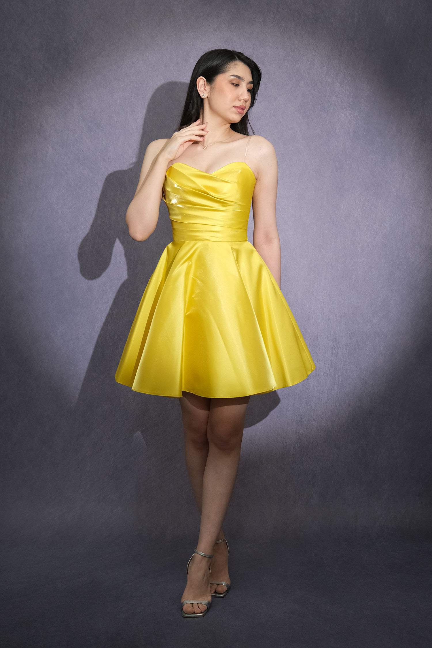 Inseres Strapless Thin Strap Draped Flared Mini Evening Dress