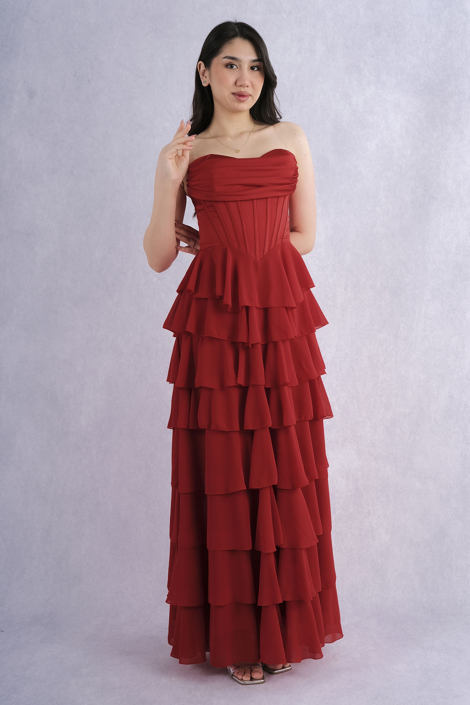 Inseres Strap Layered Chiffon Long Evening Dress