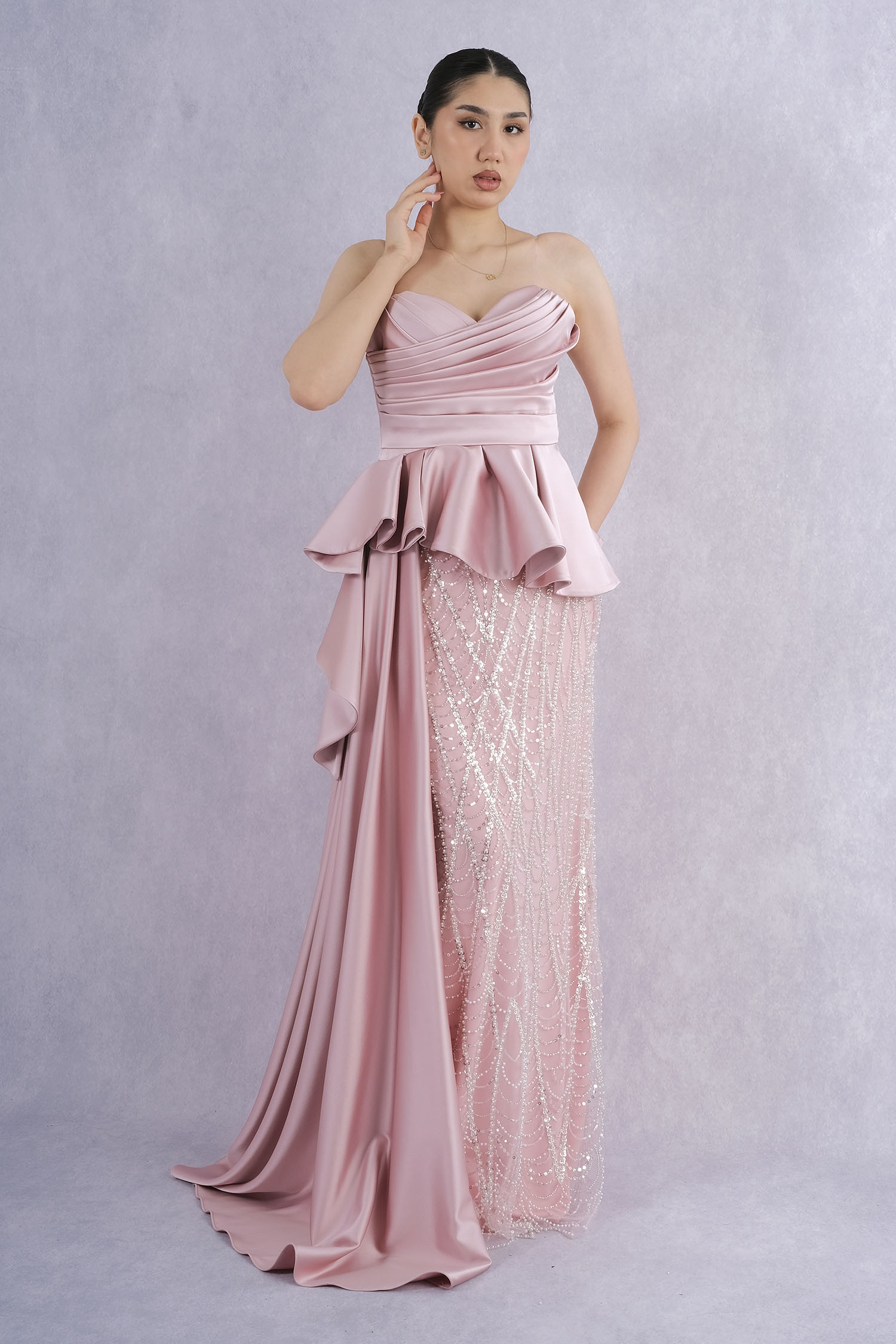 Bellisse Strapless Draped Top Detailed Sequin Embroidered Tulle Long Evening Dress