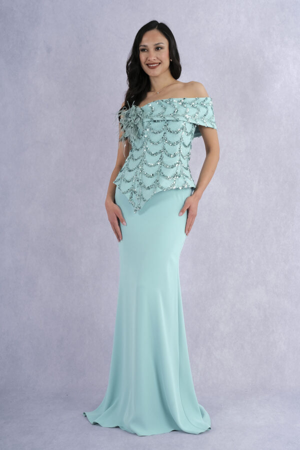 Bellisse Boat Neck Floral Appliqued Sequin Embroidered Long Evening Dress