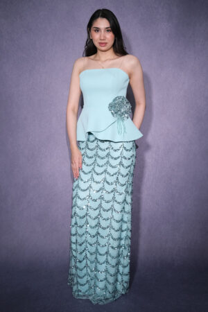 Bellisse Straplez Çiçek Aplikeli Payet İşlemeli Uzun Abiye Elbise