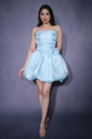 Bellisse Straplez Fiyonk Detaylı Parlak Mini Abiye Elbise