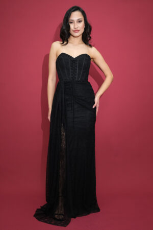 Hot Contact Straplez Korsaj Detaylı Dantel Garnili Uzun Abiye Elbise