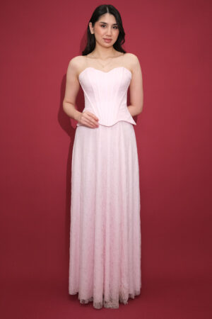 Inseres Straplez Korse Detaylı Yırtmaçlı Uzun Abiye Elbise