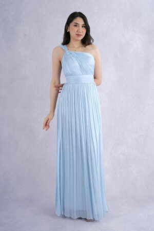 Inseres Tek Omuz Piliseli Şifon Uzun Abiye Elbise