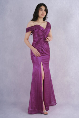 Bellisse Madonna Yaka Drapeli Yırtmaçlı Uzun Abiye Elbise