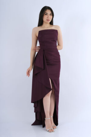 Rengin Straplez Drapeli Yırtmaç Detaylı Uzun Abiye Elbise