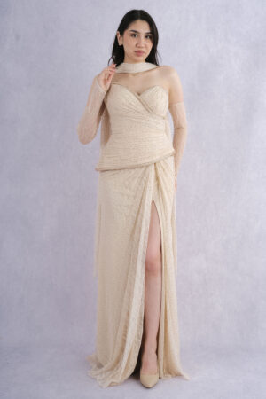 Iremor Straplez Drapeli Taş Detaylı Yırtmaçlı Dantel Eldivenli Uzun Abiye Elbise