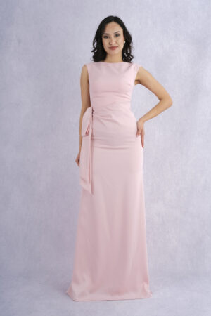 Hot Contact Sıfır Kol Drapeli Kuşak Detaylı Uzun Abiye Elbise